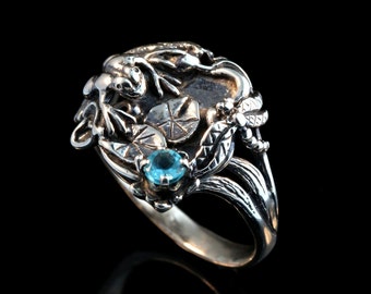 Frog Ring Sterling Silver Frog Jewelry Lily Pond Ring Silver Frog Silver Ring Animal Jewelry Choice of Gemstone Citrine Blue Topaz Amethyst