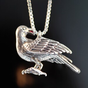 May include: A silver pendant necklace featuring a detailed, three-dimensional crow with a red gemstone in its beak.