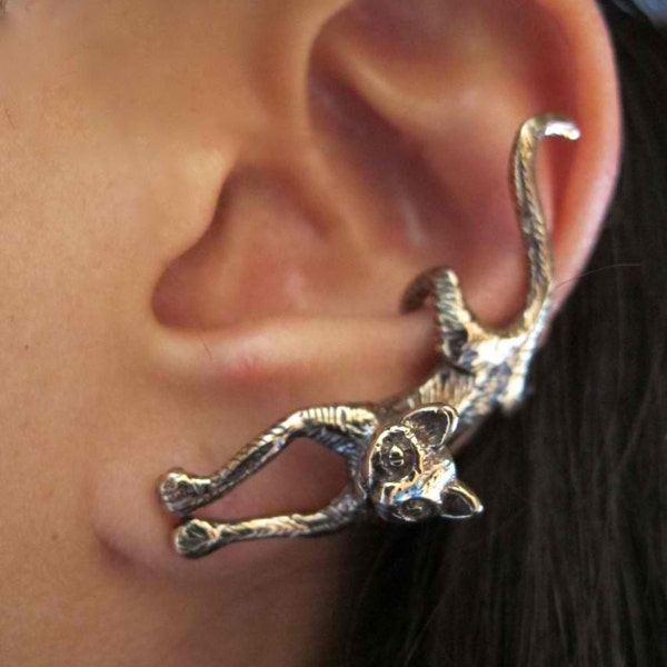 Crawling Cat Ear Cuff - Sterling Silver - Non Pierced Cute Kitty Earring