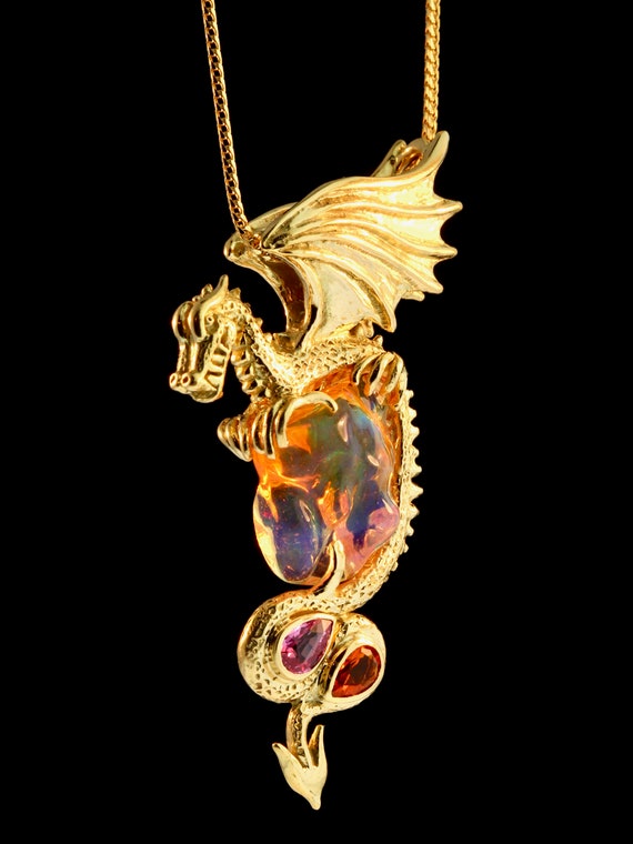 Custom 18k Gold Opal Dragon Pendant Mexican Fire Opal Dragon