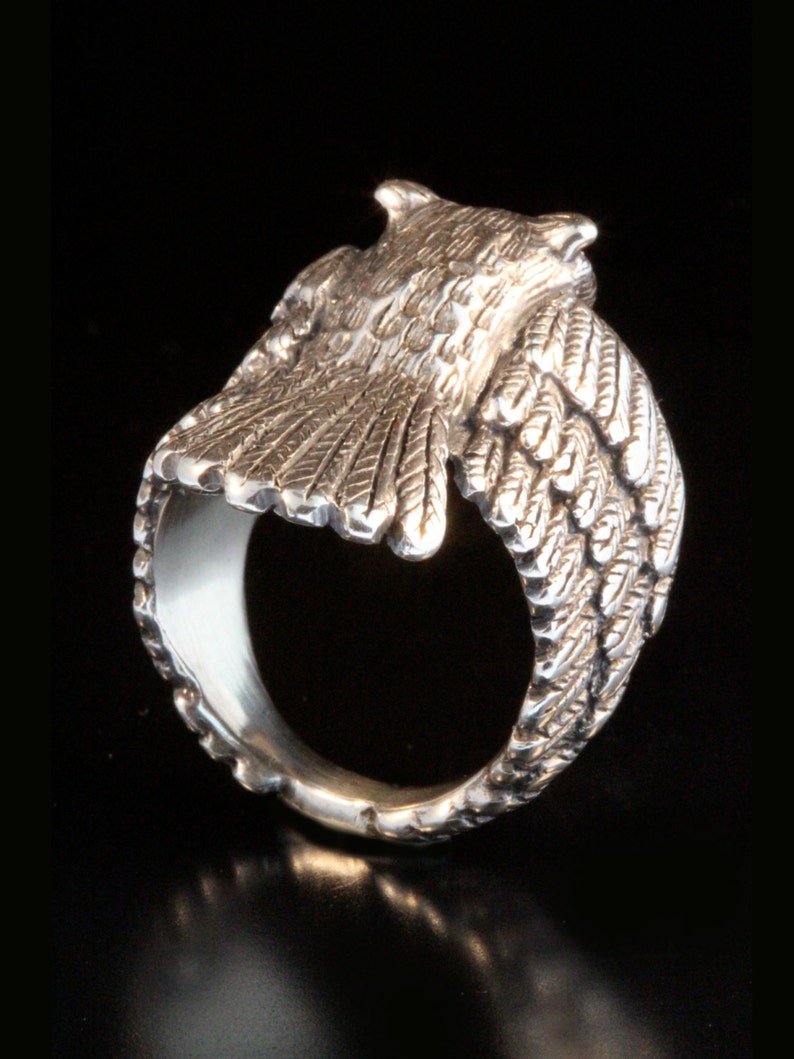 Owl Ring Silver Owl Jewelry Bird Ring Bird Jewelry Sterling Silver Ring Owl Art Mens Ring Gift for Him Gift For Her Bird Lover Feather Ring image 4