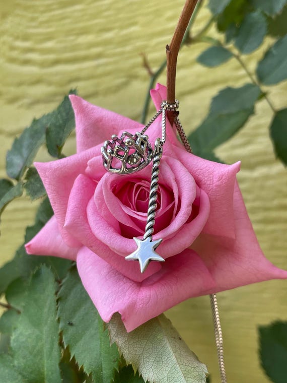 Fairy Crown and Magic Wand Necklace in Sterling Silver - Fairycore Jewelry - Fantasy Princess Charms - Magic Wand Pendant