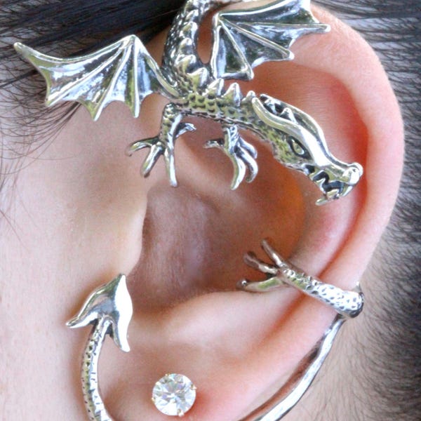 Sterling Silver Guardian Dragon Ear Wrap - Non Pierced Dragon Ear Cuff - Gothic Fantasy Jewelry - Renaissance Fair Accessory