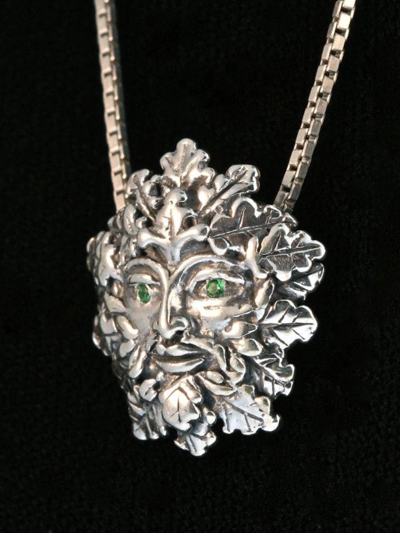 Green Man Charm with Tsavorite Eyes - Sterling Silver - Pagan Jewelry image 3
