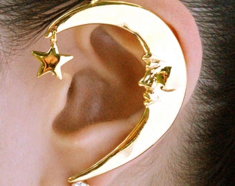 Brinco de Lua Crescente Envolvente - Ouro Vermeil - Brinco Celestial Sem Furo