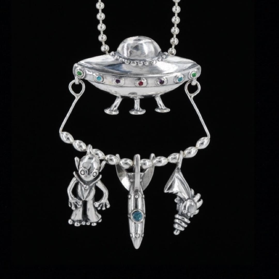 UFO Necklace With Alien Charms and Gemstone Portholes Alien Charm Ray ...