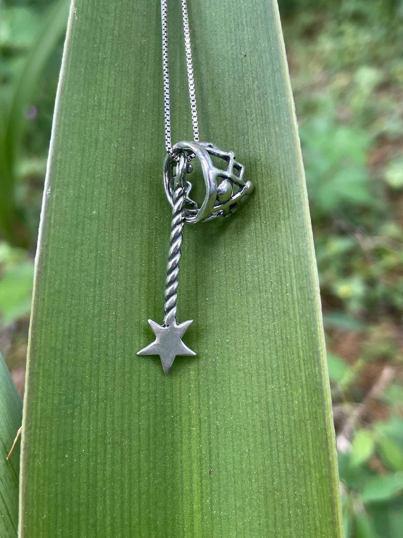 May include: A silver-toned pendant necklace featuring a star-shaped charm at the bottom. The pendant has a twisted stem and a cage-like top. The necklace is displayed against a green leaf background.