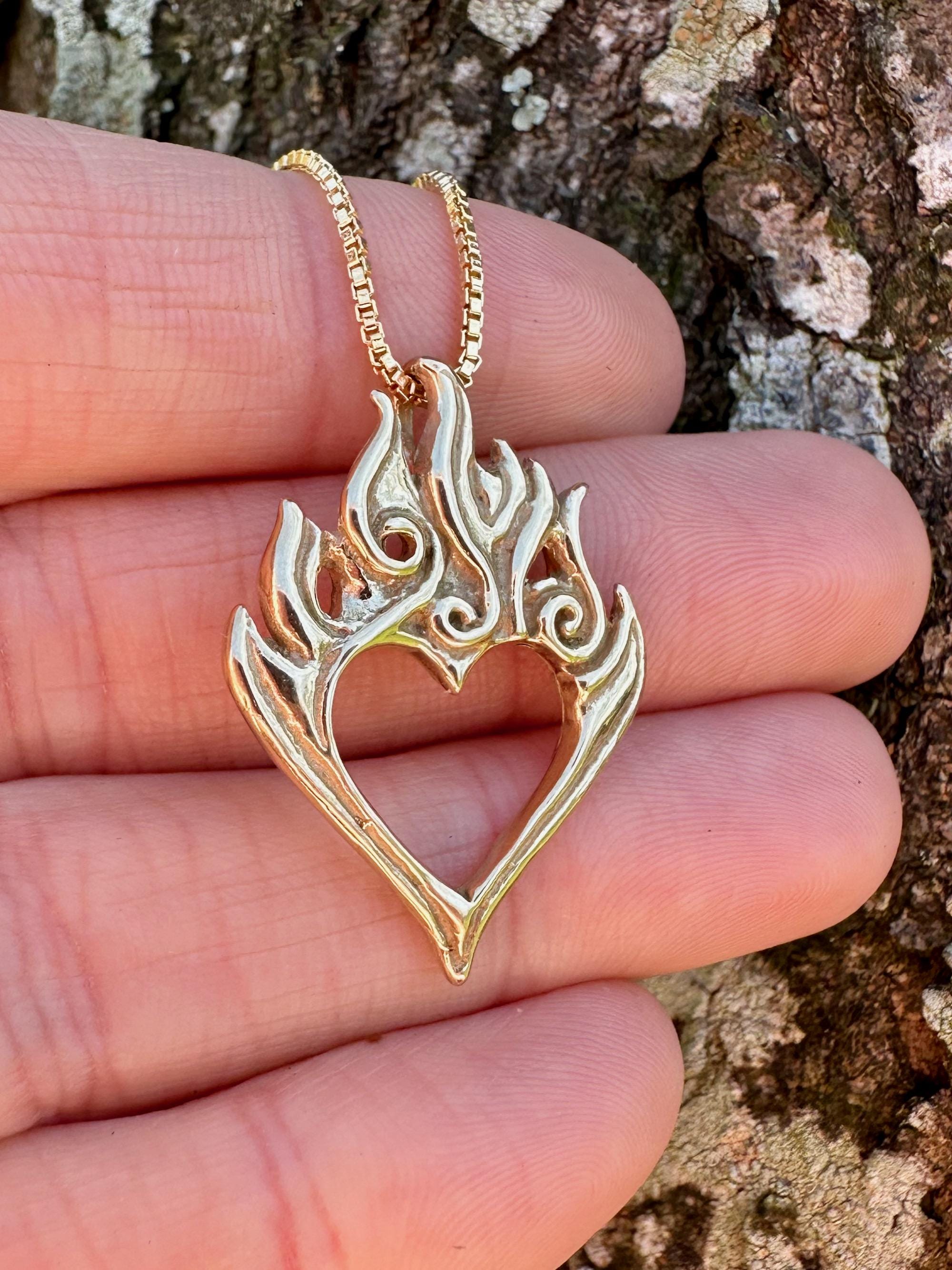 14k Gold Flaming Heart Necklace Gold Burning Love Pendant Heart