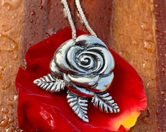 Flower - Blooming Rose Pendant - Sterling Silver - Romantic Victorian Necklace