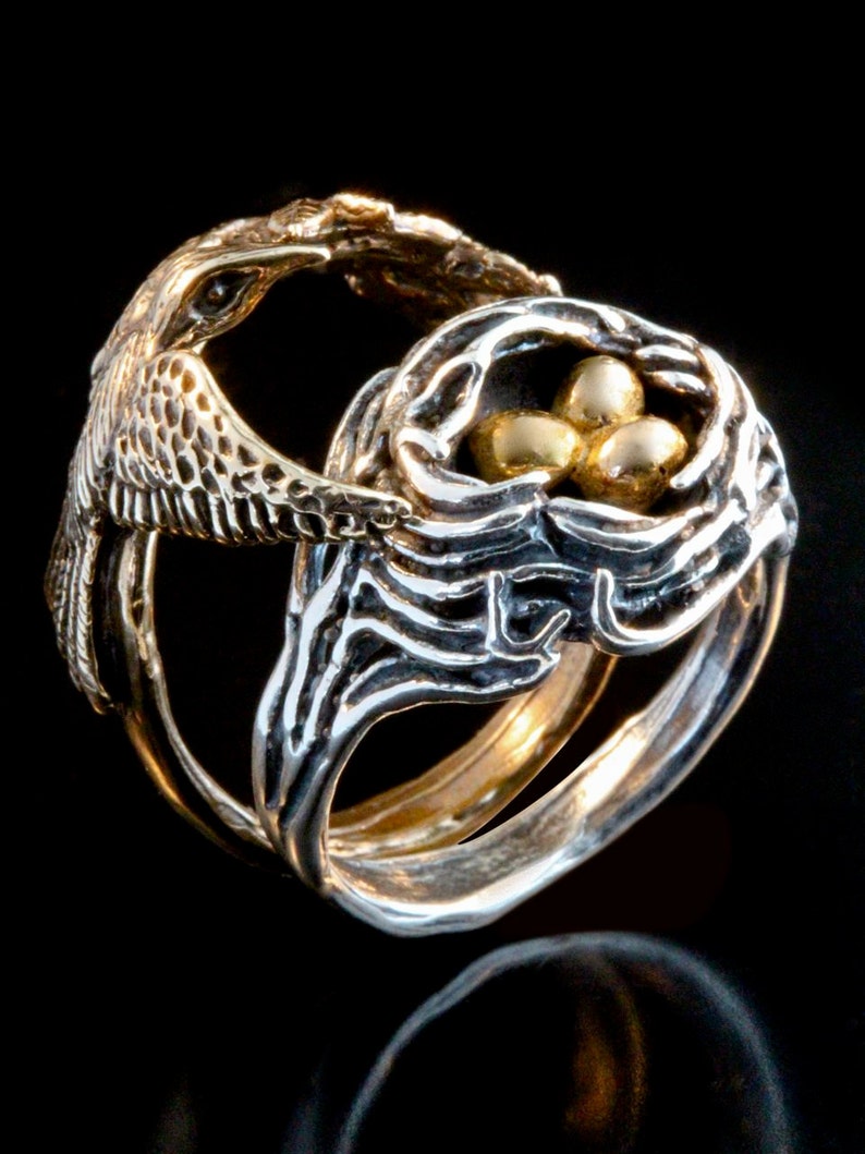 Bird Nest Ring Bird Ring Bird Nest and Bird Ring Silver and Gold Version Bird Nest Jewelry Bird Jewelry Puzzle Ring 2 Part Ring Nest Ring image 2