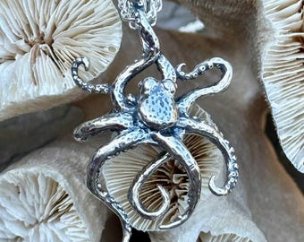 May include: A silver octopus pendant necklace. The detailed pendant features an octopus with curled tentacles and is suspended from a delicate chain. The background is a textured, off-white surface.