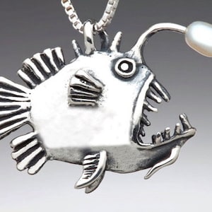 Angler Fish Necklace Fish Charm Fish Pendant with Pearl Angler Fish Jewelry Fish Art Scary Fish Silly Fish Fish Jewelry Fish Charm Silver