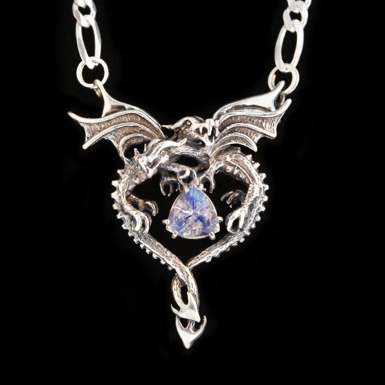 Dragon Necklace Dragon Heart Pendant With Rainbow Moonstone Etsy