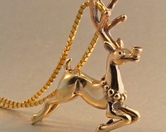 Reindeer Charm with Ruby Nose - Solid 14k Gold - Winter Holiday Necklace