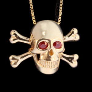 Solid 14k Gold Skull Necklace Skull Crossbone Necklace Large Skull Jewelry Pendant Rubies Skull Necklace Large Skull and Crossbone Necklace