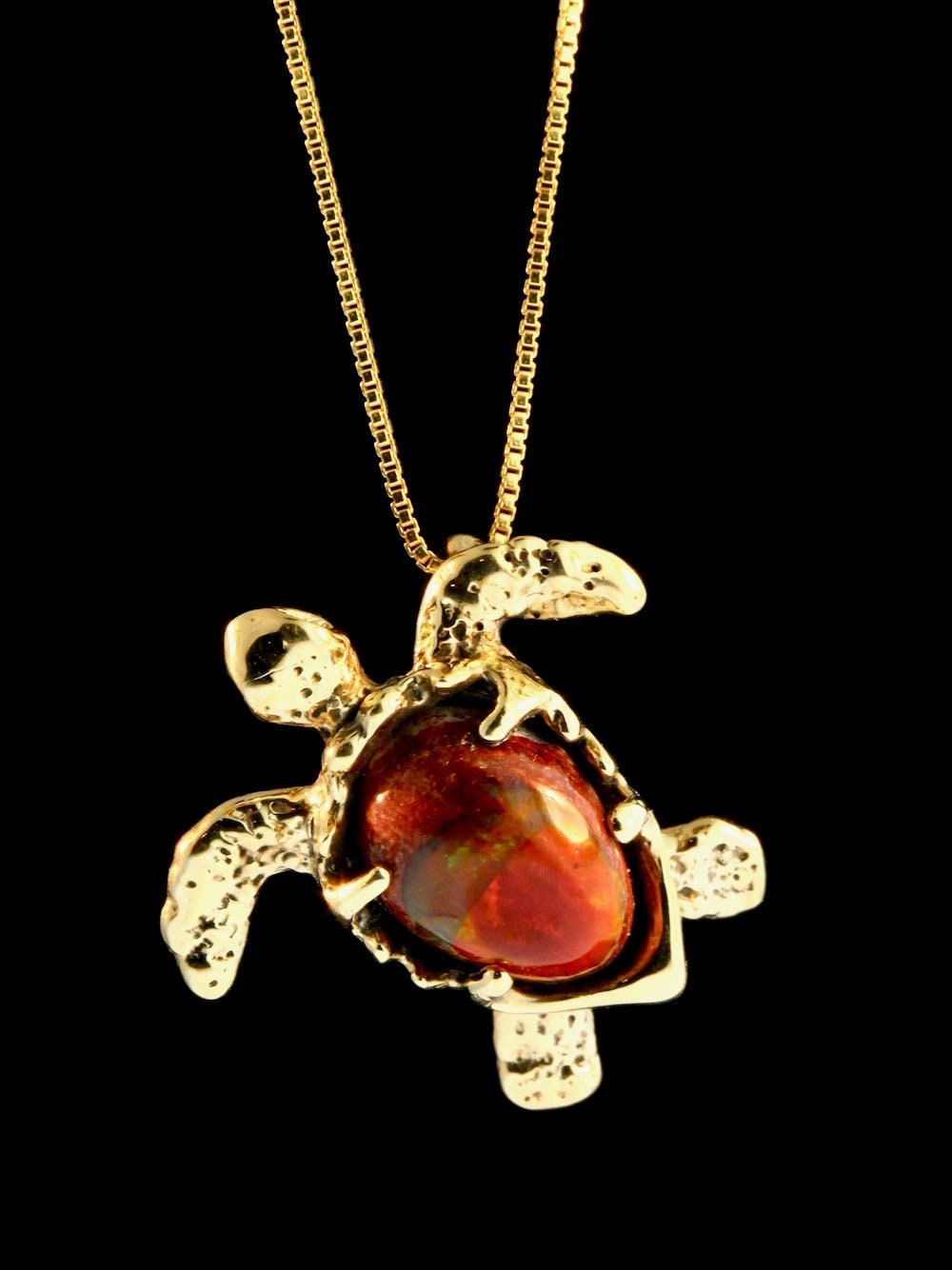 14k Gold Sea Turtle Necklace With Mexican Fire Opal Solid Gold