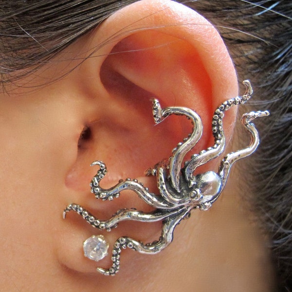 Octopus oor manchet zilveren Octopus oorbel Octopus sieraden Kraken sieraden tentakel oorbel tentakel sieraden Steampunk Earcuff Octopus oor wrap