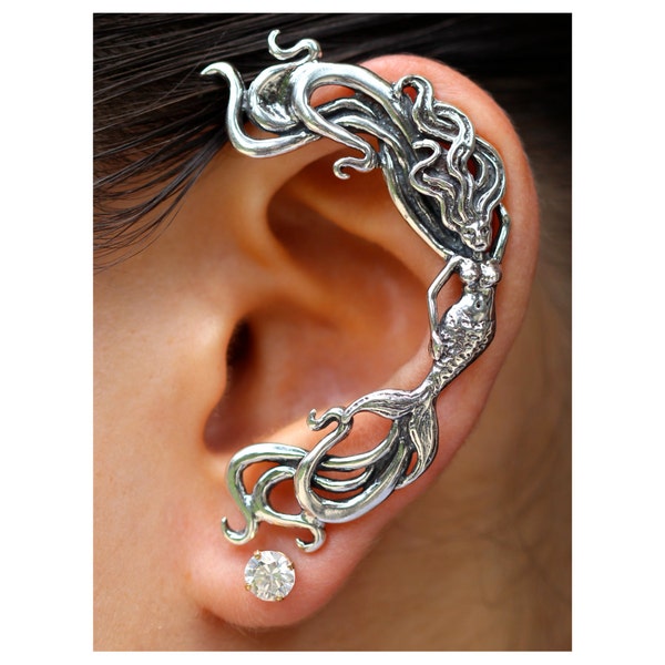 Mermaid Ear Wrap Silver Mermaid Ear Cuff Wave Ear Cuff Wave Rider Mermaid Ear Wrap Mermaid Jewelry Mermaid Earring Silver Mermaid Ear Jacket