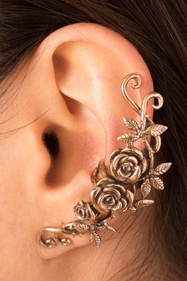 Flower Ear Cuff Valentines Day Gift Rose Ear Cuff Bronze Rose Tendril EarCuff Rose Jewelry Flower Earring Rose Earring Flower Jewelry Roses image 4