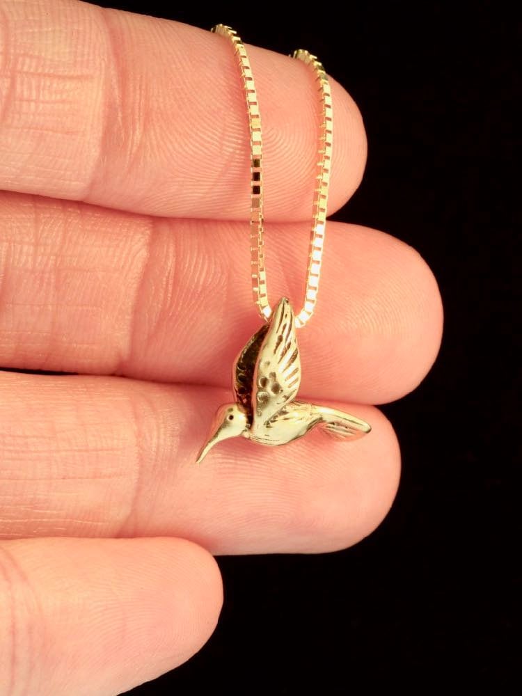 14K Massivgold Kolibri Anhänger Halskette - Detaillierter Vogel