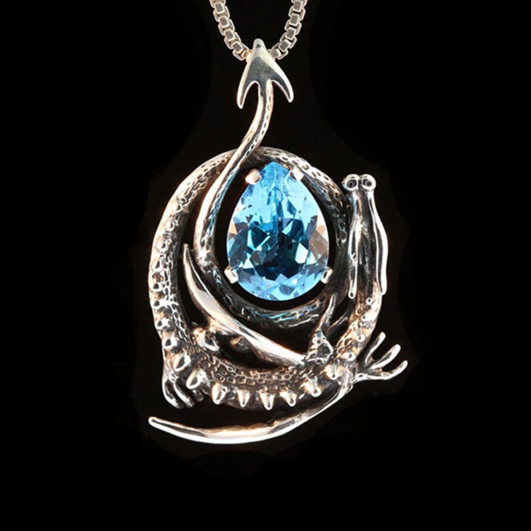 Softgothic Vintage Silver Dragon Pendant Necklace - Simulated Black Diamond, Stainless Steel, 45mm X 22mm