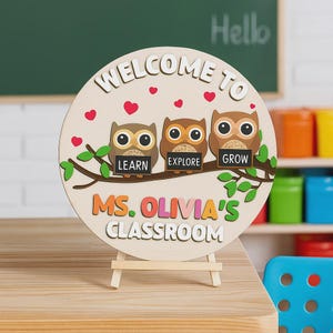 Custom Owl Classroom Door Sign, Personalized Teacher Welcome Sign With Learn Explore Grow Owls, Back To School Gift