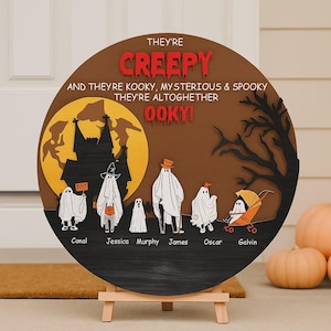 Personalized Halloween Family Sign, Round Ghost Family Name Plaque, Custom Pumpkin Moon Scene, Fall Mantel Decor, Kids And Pets Included