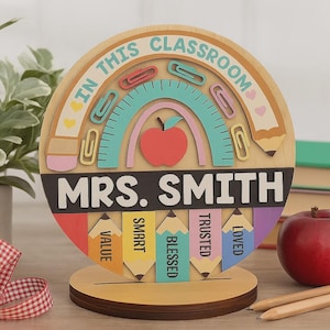 Personalized Rainbow Pencil Multi-Layer Teacher Name Sign – Custom Wooden Classroom Door Hanger, Back-to-School Teacher Gift