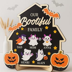 Personalized Halloween Family Sign, “Our Bootiful Family” House Plaque, Custom Ghost Names, Pumpkin Bat Fall Mantel Decor