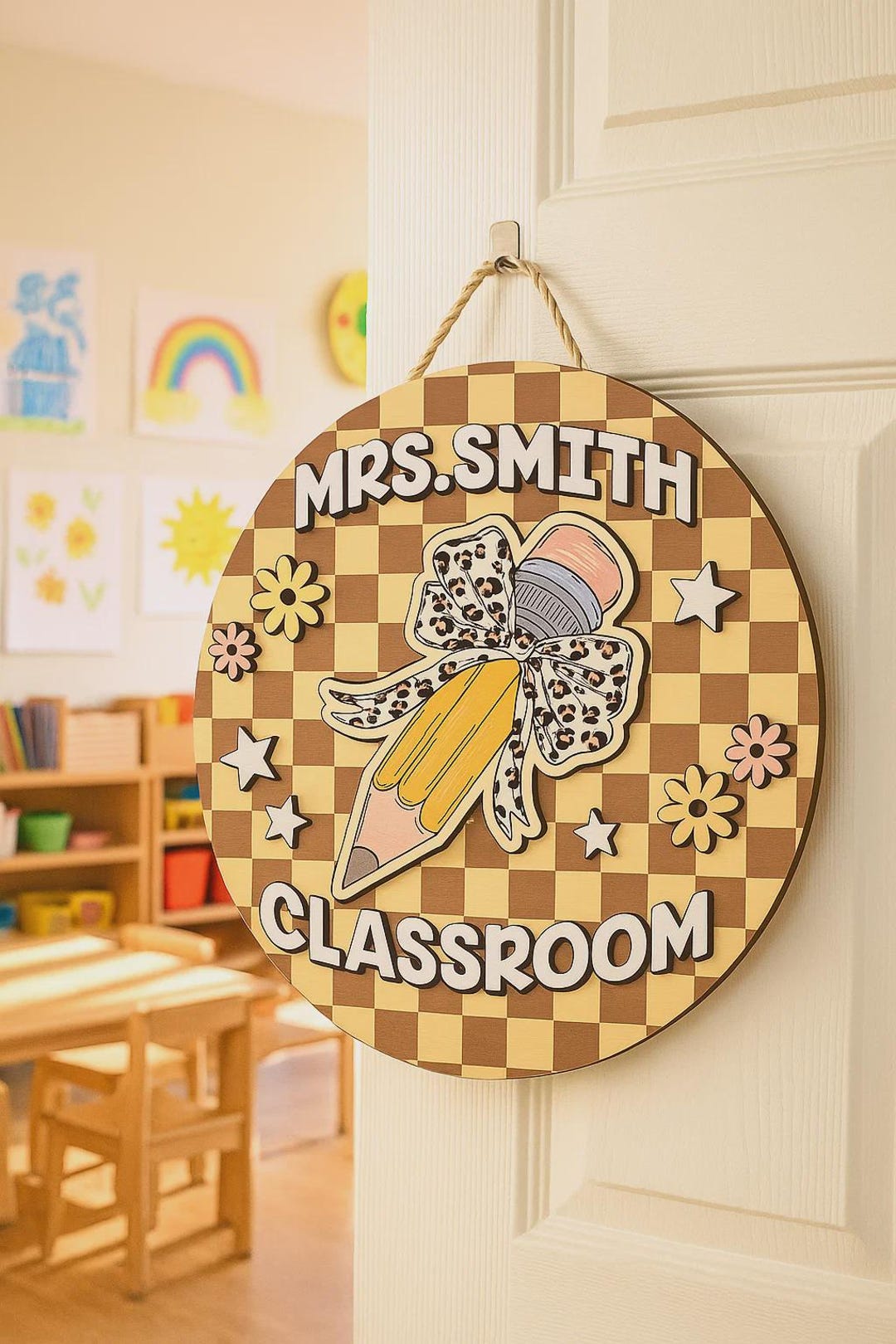 Personalized Teacher Name Sign: 3D Wooden Pencil, Classroom Door Hanger ...