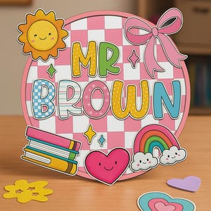 Custom Round Classroom Name Sign, Rainbow Checkered Teacher Door Hanger, Personalized Back To School Gift