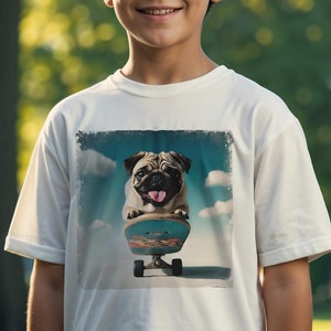 Skateboarding Pug Kids Heavy Cotton T-Shirt, Skater Clothes for Boys and Girls, Dog Lover Tee, Pug Shirt, Pug Gift