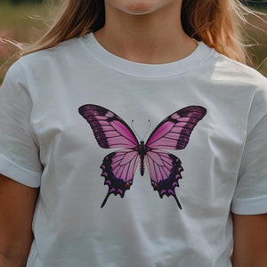 Maglietta morbida per bambini con farfalla rosa, maglietta carina per ragazze, top con splendida natura, regalo per ragazze, mamma e me