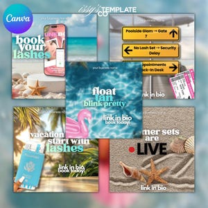 Könnte beinhalten: Eine Collage von Social-Media-Grafiken mit Sommer- und Beauty-Thema. Die Bilder zeigen ein Telefon mit einem Wimperntermin, einen Flamingo-Schwimmer, Strandszenen und Reisethematiken. Texte beinhalten "book your lashes" und "summer sets are LIVE".