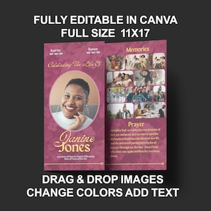 May include: A bi-fold memorial program with a portrait of a smiling woman, Janine Jones, and the text "Celebrating The Life Of." The design includes space for photos, memories, and a prayer, with the text "FULLY EDITABLE IN CANVA FULL SIZE 11X17."
