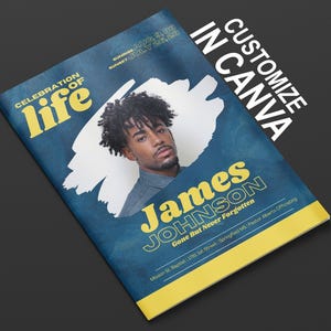 Funeral Program Template | Modern Style Blue, Yellow, Stone | 4 Page | Fully Editable Canva
