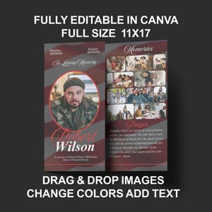 May include: A memorial service program with a portrait of Robert Wilson, featuring an American flag design. The program includes the text "In Loving Memory," "Memories," and "Prayer," with instructions to edit in Canva.