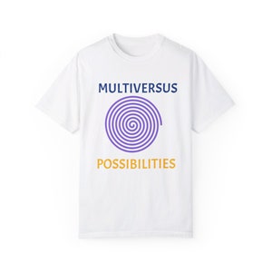 May include: White t-shirt with the words "MULTIVERSUS" in navy blue above a purple spiral design and the word "POSSIBILITIES" in gold below. The shirt is made of a soft material.