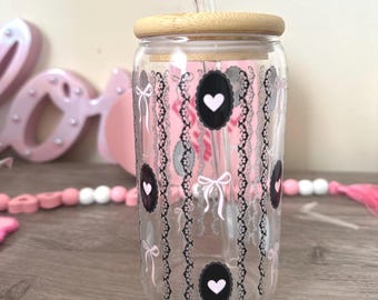 Black Heart Cup, Coquette Cup, Coquette Bow Glass, Coquette Coffee Gift, Bow Coffee Glass, Heart Bow Cup, Bow Glass Cup, Iced Coffee Glass