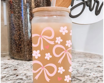 Spring Glass Cup, Girly Glass Cup, Girly Cup, Pink Bow Cup, Pink Floral Cup, Spring Cup for Her, Pink Bow Coffee Cup, Pink Bow Glass Cup