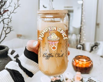 Pumpkin Spice Glass Tumbler, Iced Coffee Cup for Fall, Reusable Glass with Lid & Straw, PSL Cup, Autumn Aesthetic Tumbler, Cozy Fall Gift