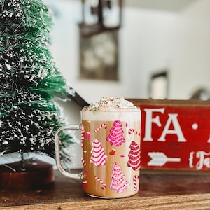 Pink Christmas Tree Cake Glass Tumbler, Girly Christmas Gift, Pink Christmas Glass Cup
