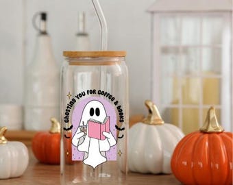 Funny Ghost Cup, Spooky Aesthetic Drinkware, Fall Tumbler with Straw, Book Lover Gift, Halloween Glassware, Funny Halloween Cup