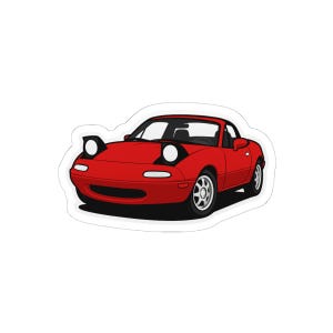 May include: A red sports car sticker with pop-up headlights. The car has a black roof and black accents. The sticker is a stylized illustration of a classic roadster.