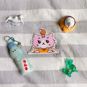 May include: A collection of cute, colorful items including a pink cat sticker with a bird, a plush soda bottle keychain, a seal figurine, a dessert-shaped charm, and a green animal-shaped charm. The items are arranged on a striped background.