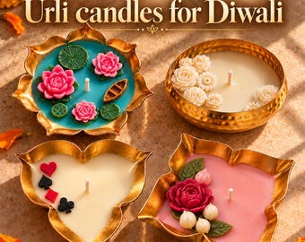 May include: Four decorative gold-toned metal bowls containing scented soy wax candles. The candles feature various wax embellishments including pink lotus flowers, white roses, playing card suits, and green lily pads. Text reads: Manas, Urli candles for Diwali.