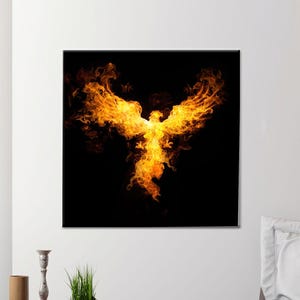 Fiery Phoenix Canvas Wall Art, Flaming Bird Silhouette Print, Dark Fantasy Fire Element Poster for Bedroom, Office or Game Room Decor