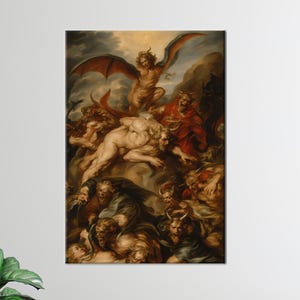 May include: A framed print of a classical painting depicting a chaotic scene of demonic figures. The artwork features a variety of creatures with horns, wings, and muscular bodies, rendered in a palette of browns, reds, and flesh tones. The composition is dynamic and dramatic.