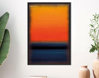 抽象的な夕焼けのキャンバスアート：オレンジネイビーカラーブロック