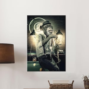 May include: A framed canvas print depicts a chimpanzee in a hat and suspenders, holding a pool cue and cigar. The background features a pool table, neon "8" sign, and brick wall. The image has a vintage, artistic style.